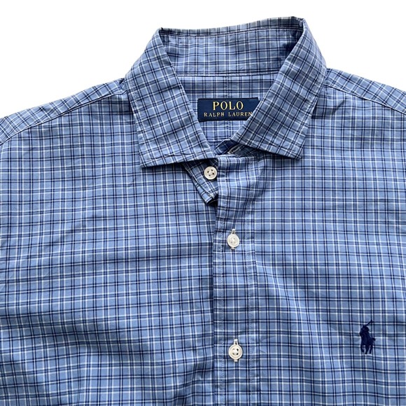 Polo Ralph Lauren Blue Small Plaid Long Sleeve Button Front Men's Shirt Sz M - Picture 4 of 13